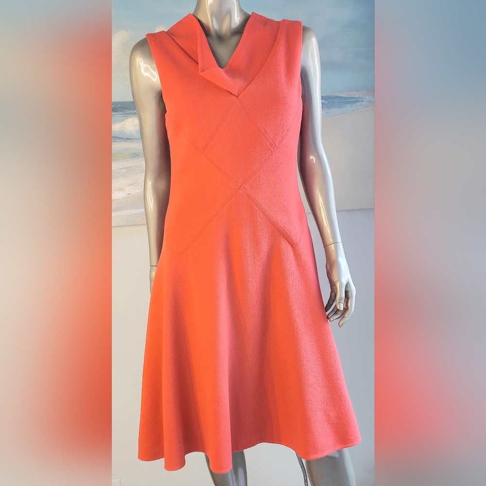 ♧$3,400 OSCAR DE LA RENTA CORAL RED WOOL PICASSO RUNWAY DRESS US 12 - Picture 4 of 14